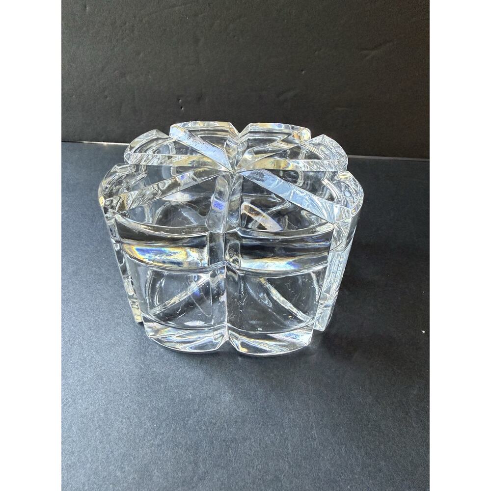 Vintage Cut Crystal Trinket Candy Dish Clover Starburst Clear Lid Art Deco MCM